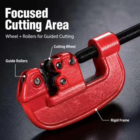 Focused Cutting Area on Versatile Pipe Cutter For One Eighth To Two Inch Tubing, portable red metal cutter with guide rollers