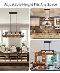 Dope Four Light Metal Pot Rack Chandelier With Faux Wood Grain Finish in kitchen and dining room settings, 34.6" long