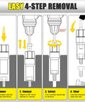 Illustration showing four-step process for using spiral type deep bolt extractor set ten pieces for removing damaged bolts.