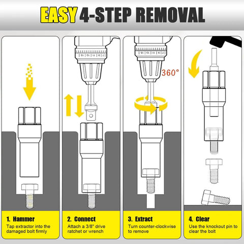 Illustration showing four-step process for using spiral type deep bolt extractor set ten pieces for removing damaged bolts.