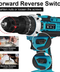 Heavy Duty Cordless Drill Plus Electric Screwdriver Power Tool Set With Rechargeable Battery And Two Speed Settings Plus Twenty Five Torque Adjustments For Slick Crafting Projects That Knock Out Tasks With Zero Sweat, showing forward reverse switch.