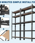 Heavy Duty Five Tier Metal Storage Rack With Adjustable Shelves For Garage Workshop Built Like A Tank Organization System Supporting Four Hundred Pounds Per Shelf Rust Proof Steel with installation steps.