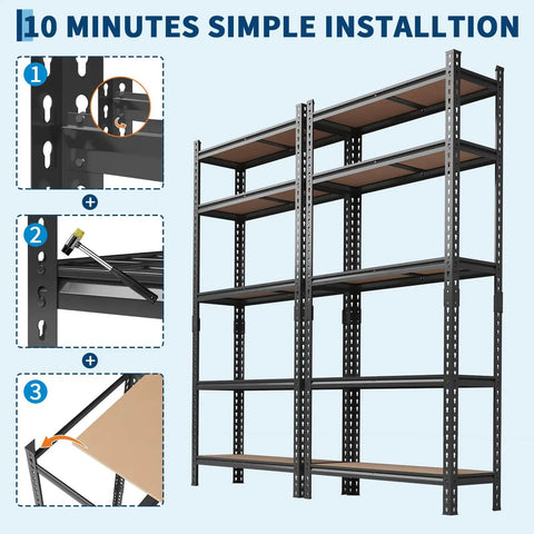Installation steps for 4 Pack Heavy Duty Adjustable 5 Tier Metal Storage Shelves Rock Solid Garage Shelving Rack.