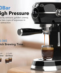 Compact Espresso Machine With 20 Bar Pressure And Built In Milk Frother pouring espresso into glass, showcasing black finish and quick brew.