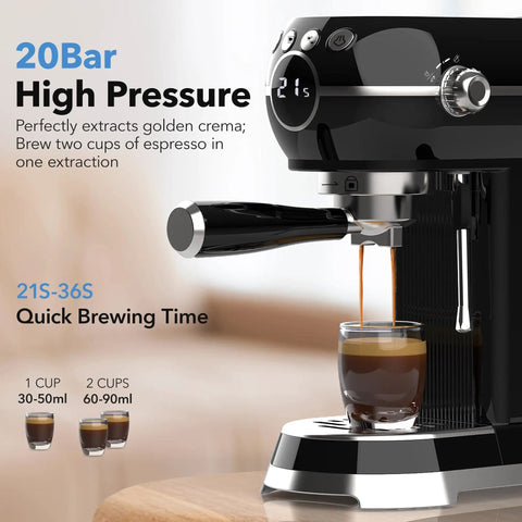 Compact Espresso Machine With 20 Bar Pressure And Built In Milk Frother pouring espresso into glass, showcasing black finish and quick brew.