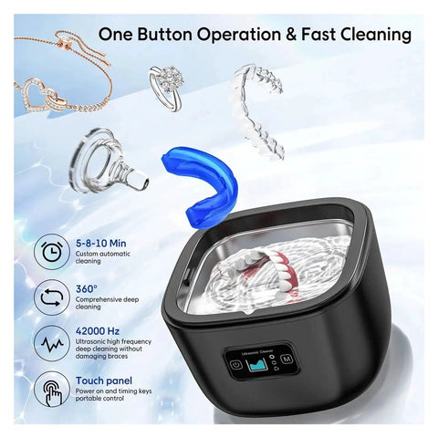 No Sweat Ultrasonic Cleaner For Jewelry Watches And Dentures High Frequency Automatic Bubble Wash Machine In Matte Black cleaning rings and dental braces.