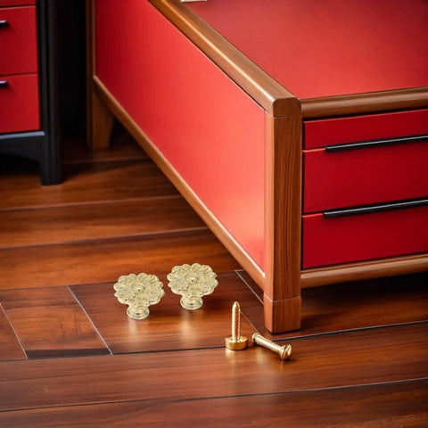 Antique Zinc Alloy Drawer Pulls for Dresser and Cabinets beside a wooden cabinet, floral design visible, with screws