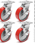 Set of 4 6 Inch Heavy Duty Industrial Grade Caster Wheels with Aluminum Core PU Wheels and Brakes, anti-corrosion for trolleys.