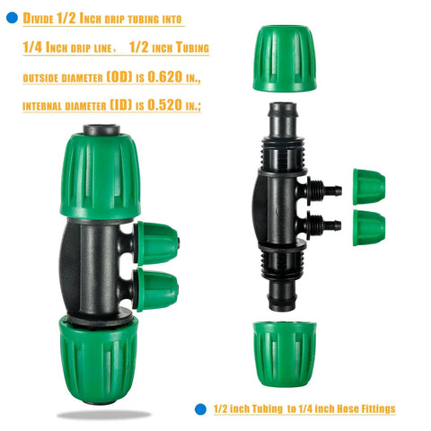 10 Pcs 4 Way Anti Leak Barbed Drip Irrigation Tee Connectors for 1/2 Inch ID to 1/4 Inch OD Tubing with Locking Buckle shown