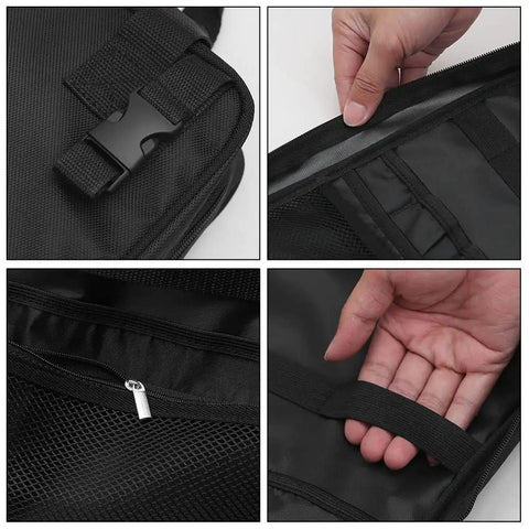 Close-up views of High Capacity Camp Kitchen Organizer Bag With Hanging Hooks And Paper Towel Holder, showing zippers and buckles.