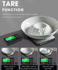 Digital Kitchen Scale With 22 Lb Capacity, 1g/0.1oz Precision, Tare Function, 7 Units, Stainless Steel Platform With Remote LCD Display For Clear Readouts, Your Go To Tool For Baking, Cooking And Meal Prep displaying tare function with bowl and flour
