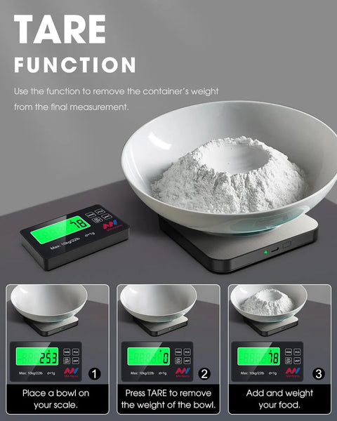 Digital Kitchen Scale With 22 Lb Capacity, 1g/0.1oz Precision, Tare Function, 7 Units, Stainless Steel Platform With Remote LCD Display For Clear Readouts, Your Go To Tool For Baking, Cooking And Meal Prep displaying tare function with bowl and flour