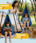 All In One Sensory Swing With Stand And Pod Swing For Indoor And Outdoor Use, Metal Frame Swing Set In Blue shown in garden and living room.