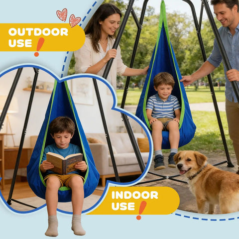 All In One Sensory Swing With Stand And Pod Swing For Indoor And Outdoor Use, Metal Frame Swing Set In Blue shown in garden and living room.