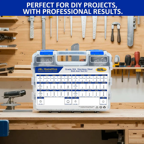Built Tough Stainless Steel 304 Bolt Nut And Washer Assortment Kit 1575 Pieces organized in clear storage case on workbench.