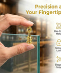 All Metal Railing Shelf Brackets Kit With Zinc Alloy Connectors And Golden Finish Bar Cart Rail Ends shown in use on glass