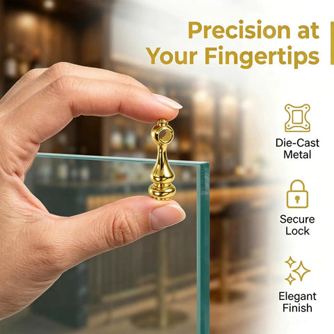 Hand holding Golden Zinc Alloy Gallery Rail Fittings Kit for glass cabinets showing enhanced stability connection.