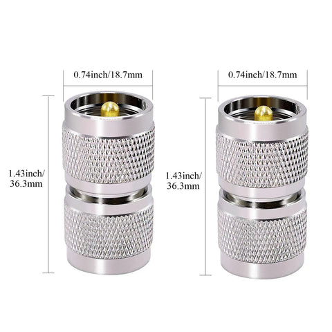 Two Pack UHF PL259 Connector Adapter, UHF Male To UHF Male Coaxial Adapter With Gold Plated Pins, 50 Ohm shown with dimensions