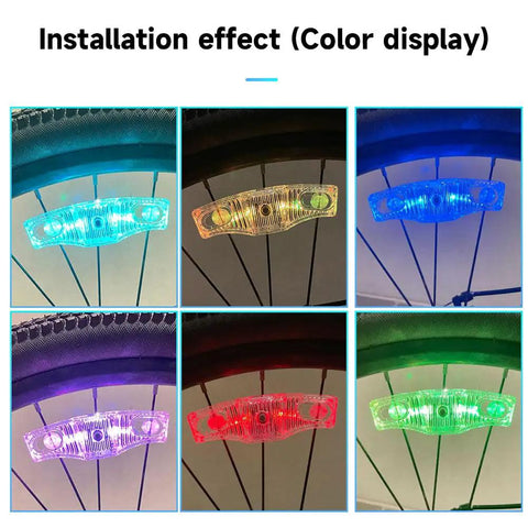 Rechargeable LED Bike Wheel Lights 2 Pack With Motion Sensor Waterproof Spoke Lights showing different color modes on bike wheel