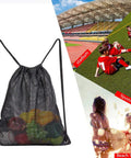 Heavy Duty Mesh Drawstring Gear Bag For Beach, Pool, And Gym Sports Equipment next to images of sports and beach travel.