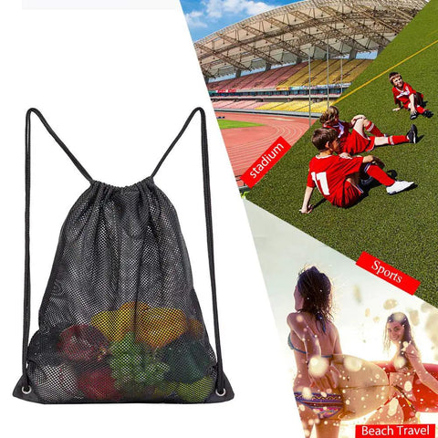 Heavy Duty Mesh Drawstring Gear Bag For Beach, Pool, And Gym Sports Equipment next to images of sports and beach travel.