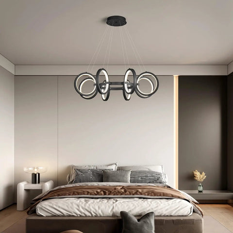Dope Modern LED Chandelier With Six Black Ring Pendant Lights Dimmable Round Fixture over bed in contemporary bedroom