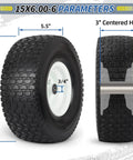 Flat Free Lawn Mower Tire And Wheel Set For Riding Mowers 15x6.00-6 15x6-6 NHS 550 Lb Dynamic Load Three Quarter Inch Bearings Three Inch Centered Hub Two Pack, side view and sectional dimensions depicted.