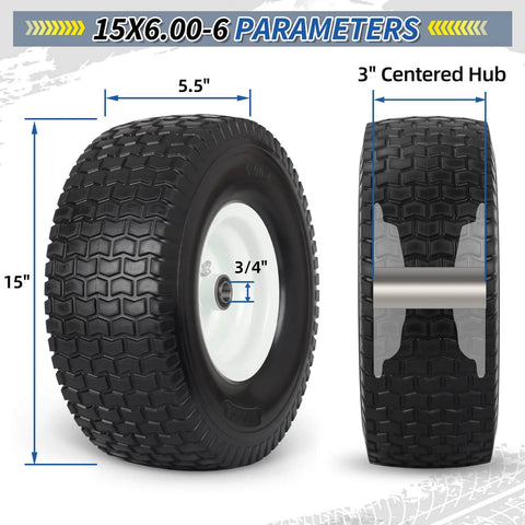 Flat Free Lawn Mower Tire And Wheel Set For Riding Mowers 15x6.00-6 15x6-6 NHS 550 Lb Dynamic Load Three Quarter Inch Bearings Three Inch Centered Hub Two Pack, side view and sectional dimensions depicted.