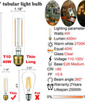 Infographic of Dimmable 4W LED Bulb E26 40W Equivalent Warm White 2700K 400 Lumens Tubular T9 T10 Edison Style for pendants and sconces.