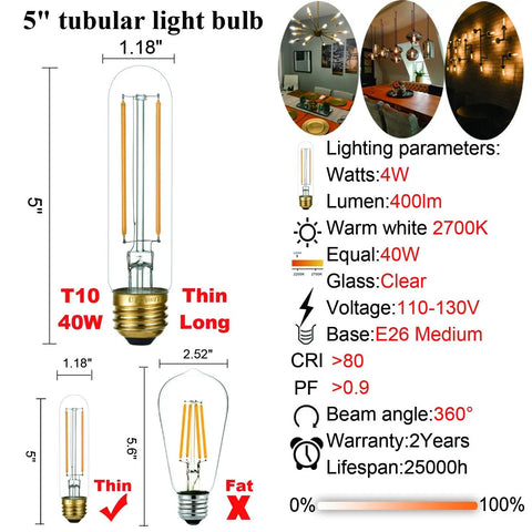 Infographic of Dimmable 4W LED Bulb E26 40W Equivalent Warm White 2700K 400 Lumens Tubular T9 T10 Edison Style for pendants and sconces.