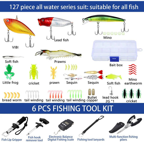 127 piece all water series fishing tackle kit with lures, hooks, bait box, fishing tools, and accessories for all fish types.