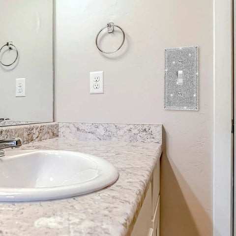 Two Piece Bling Light Switch Cover Set With Silver Rhinestones Stainless Steel Wall Plate For Single Toggle Switch Sparkly Bathroom Decor