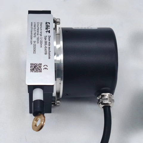 1200mm Draw Wire Length Sensor For Linear Motion Displacement Transducer With 24V Push-Pull Output 1000 PPR Encoder 0-1.2m Range Aluminum Shell 304 Stainless Wire Fast Up To 3 Meters Per Second side view with cable and eyelet