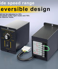 25W 110V AC Variable Speed Gear Reducer Motor with Gearbox and Speed Controller, showing reversible design, buttons, and wiring connections.