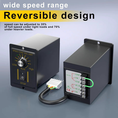 25W 110V AC Variable Speed Gear Reducer Motor with Gearbox and Speed Controller, showing reversible design, buttons, and wiring connections.