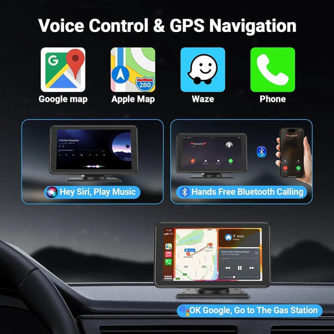 7 Inch Wireless CarPlay And Android Auto Portable Touchscreen Stereo with GPS navigation and voice control display in car