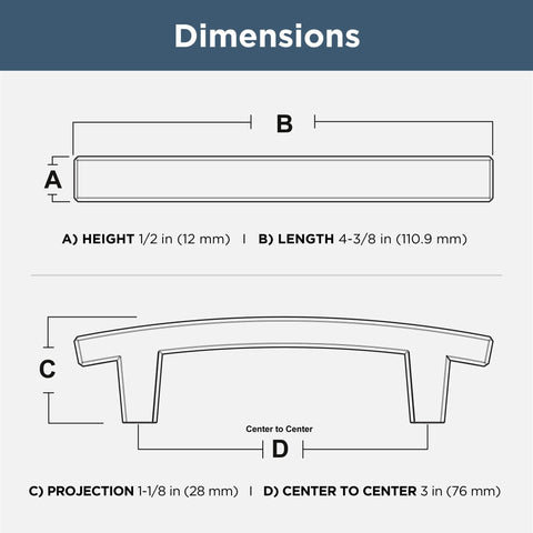 Dimensions diagram of Brushed Nickel Cabinet Handles 10 Pack 3 Inch Center To Center Drawer Pulls For Kitchen Cabinets Doors And Dressers.