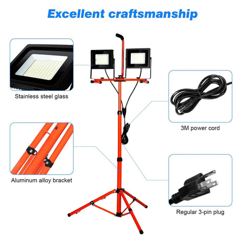 Beast Bright LED Work Light Kit With Retractable Tripod And Dual Head 10000 Lumen Output showing aluminum bracket, 3M cord, and 3-pin plug.