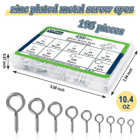 Hard As Nails Eye Hooks And Screw Eyes Assortment Kit With 195 Silver Finished Eyelet Screws in a clear case, 5.08x3.54 inches.