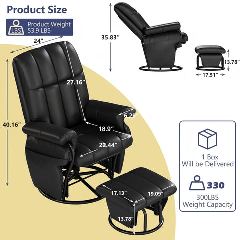 360 Degree Swivel Glider Recliner With Ottoman And Foot Rest Plus 2 Side Pockets For Nursery Living Room Bedroom Or Office Black Built In Tilt And Rocking Comfort Ideal Nursing Glider with dimensions and weight shown