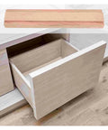Open drawer with Full Extension Drawer Slides in Solid Wood with Bottom Mount Glides, Center Guide Track, Quick Release Latches.