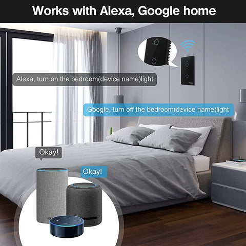 WiFi Smart Touch Light Switch 2 Gang US Standard Black Tempered Glass Panel with Timer Function in bedroom with smart speakers