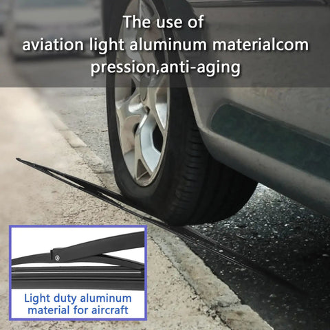 No Sweat Prep 32 Inch RV Windshield Wiper Blade Pair crafted tough with light aluminum, shown on vehicle tire for installation.