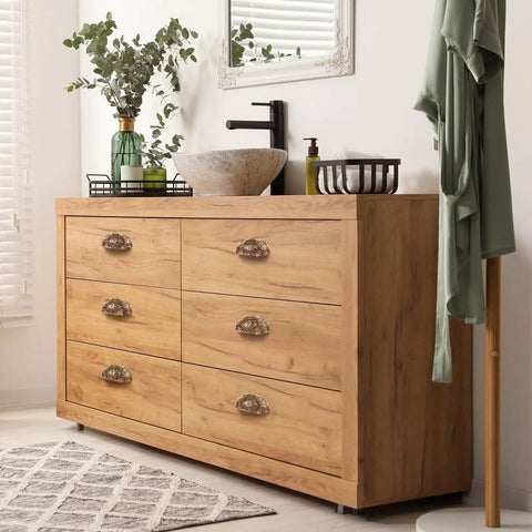 Wooden dresser with Vintage Shell Shaped Drawer Pulls Set 4 Pack 3.4 Inch Cup Pulls For Cabinets With Retro Vibe Rustic Ethnic Pattern