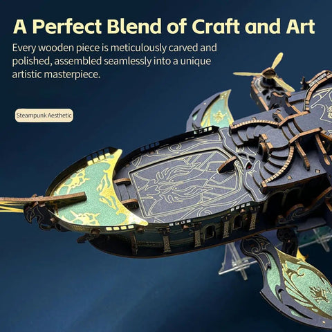Epic 3D Steampunk Whale Airship Wooden Model Kit For DIY Puzzle Building With Mechanical Motion And Sound Effects detailed view