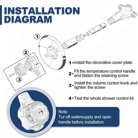 Installation diagram for Up Your Bathroom Game With This Awesome MXT11 Shower Handles Kit, clear acrylic knob and parts.