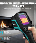 Handheld Ultra High Resolution Thermal Imaging Camera with 256x192 sensor next to a fireplace, showing a thermal display.