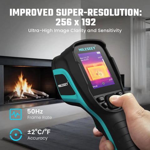 Handheld Ultra High Resolution Thermal Imaging Camera with 256x192 sensor next to a fireplace, showing a thermal display.