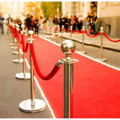 Red Velvet Stanchion Rope Set With Gold Stanchions For Elegant Crowd Control along red carpet outdoor venue for events