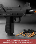 Two In One Gun Building Blocks Set With 800 Pieces Lets You Build MAC10 SMG And PPK Pistol Features Working Trigger Moving Slide Removable Magazine And 12 Plastic Projectiles For Build Play Display And Collectors Ages 8 And Up, black LEGO-style MAC-10 model with orange projectiles